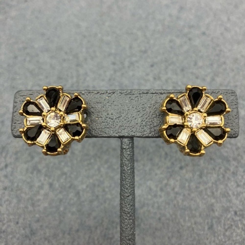 1928 Clip On Earrings Black Gold Rhinestone Star Flower Asterisk Vintage Retro